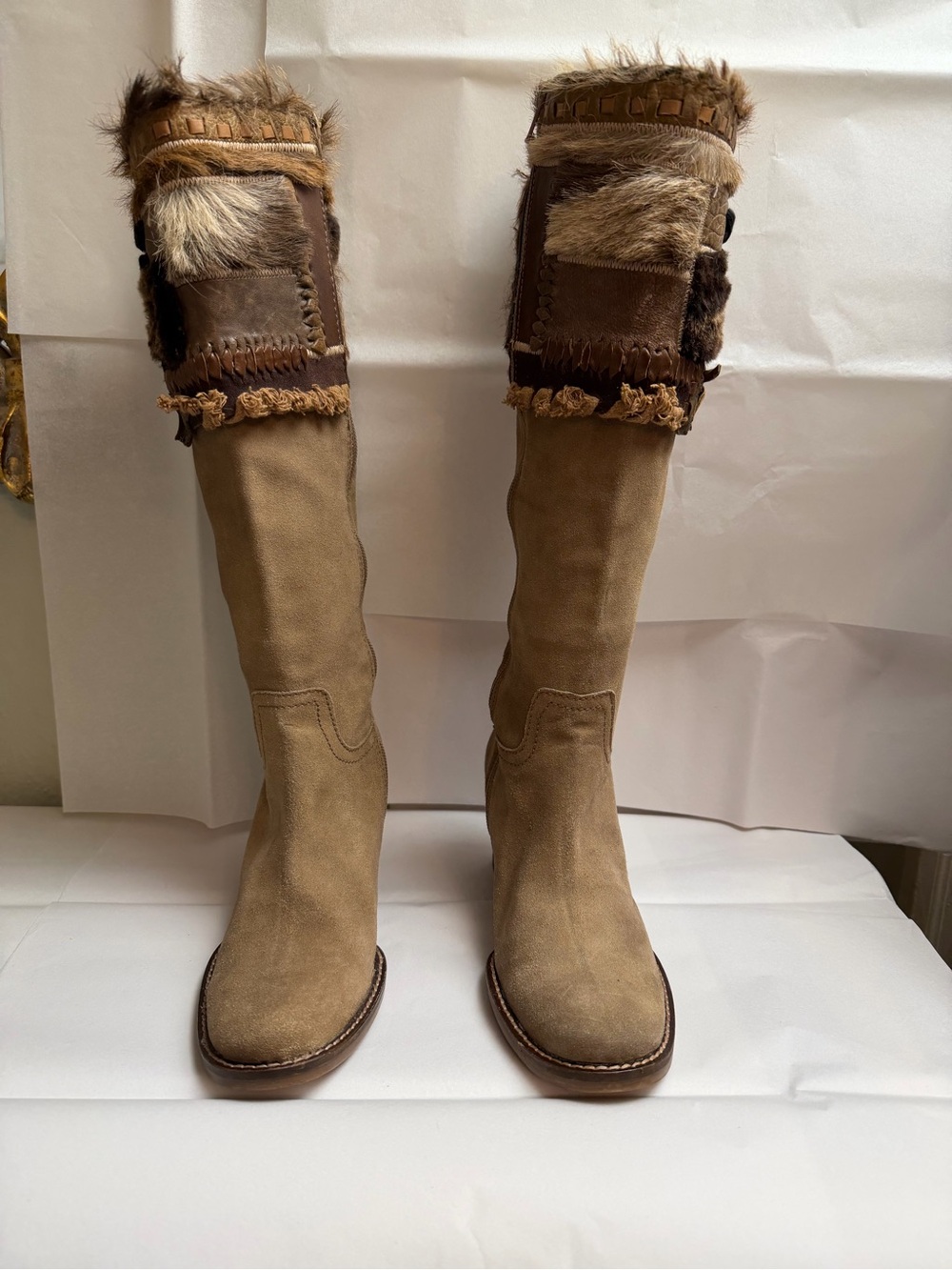 Apepazza -Knee high Tan Suede Boots with Fur Patchwork Cuff